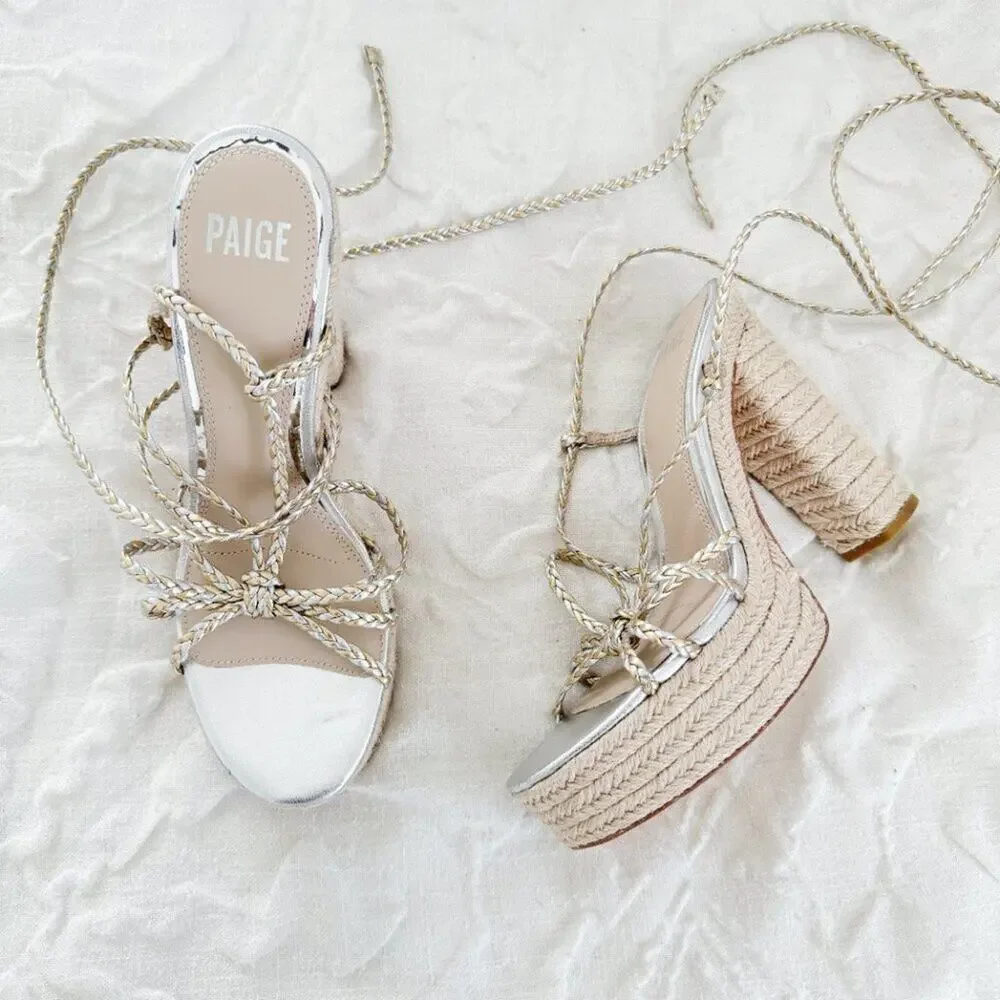 PAIGE Braided Metallic Ankle-Strap Platform Espadrilles Size 9 New